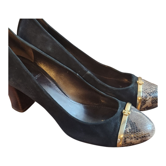 Tory Burch heels sz 8M Pacey black suede gold snake print cap leather pumps - Picture 14 of 14
